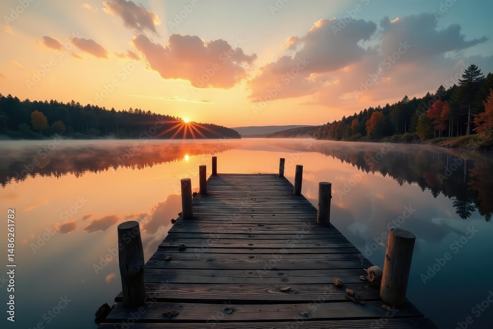 Fototapeta premium Rustic wooden hunting dock extending over calm lake at sunrise , clouds, nature, environment