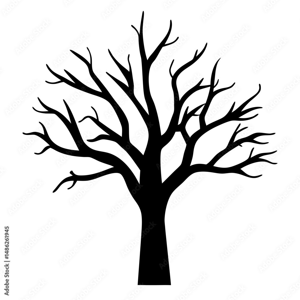 Fototapeta premium Silhouette of a bare tree with stark branches against white background