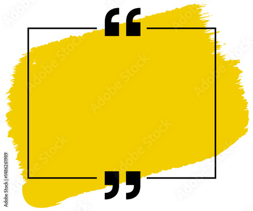 Square speech balloon with black offset outline, filled colorful brush background, and two quotation marks.
