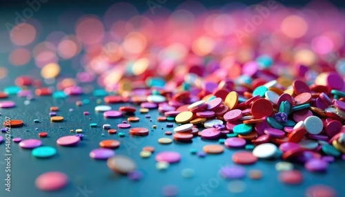 Vibrant confetti beads scattered on a surface, showcasing various colors and sizes , glossy, scattered beads, glitter