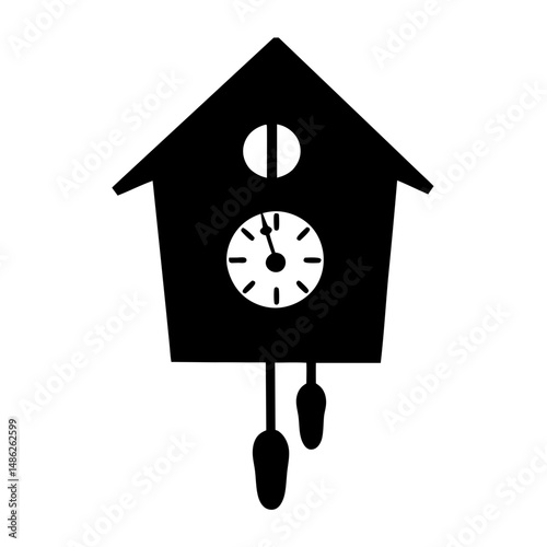 Black and white silhouette of a traditional cuckoo clock with pendulum