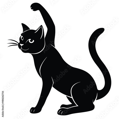 Silhouette of Black Cat with Raised Paw, Playful Feline, Isolated on White Ground