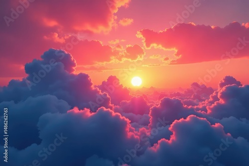 Vibrant orange and pink hues paint the sky as the sun dips below fluffy clouds , soft, shade