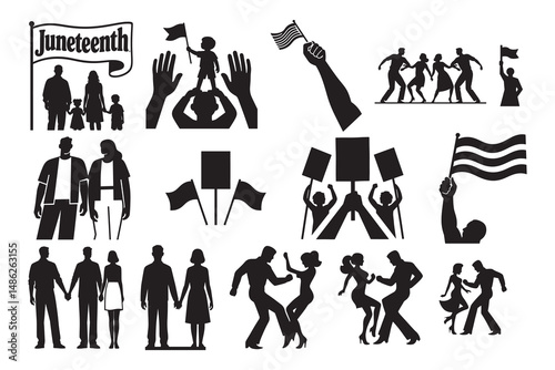Juneteenth Celebration and Protest Icons: Diverse Group Silhouettes