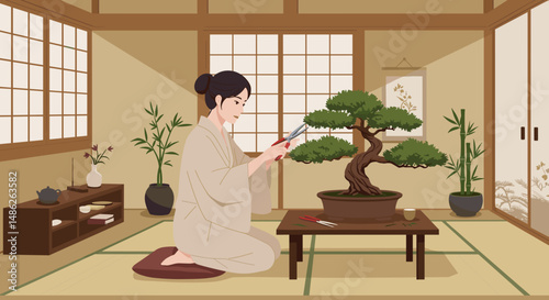 Woman pruning bonsai tree indoors in traditional Japanese style  