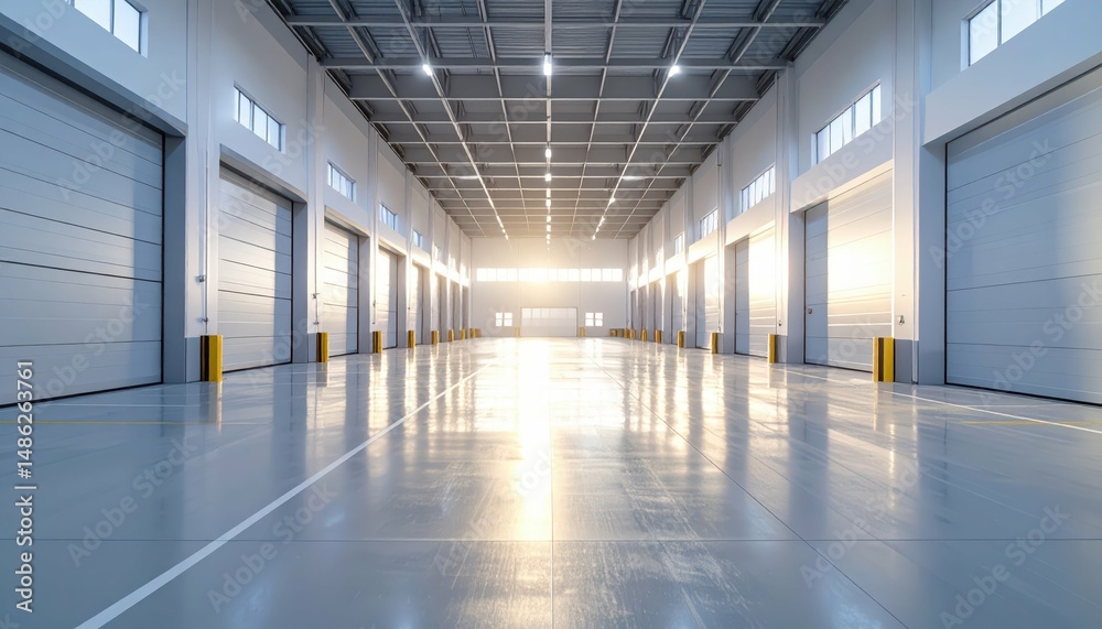 Fototapeta premium Bright and Empty Sterile Fulfillment Center with Loading Docks