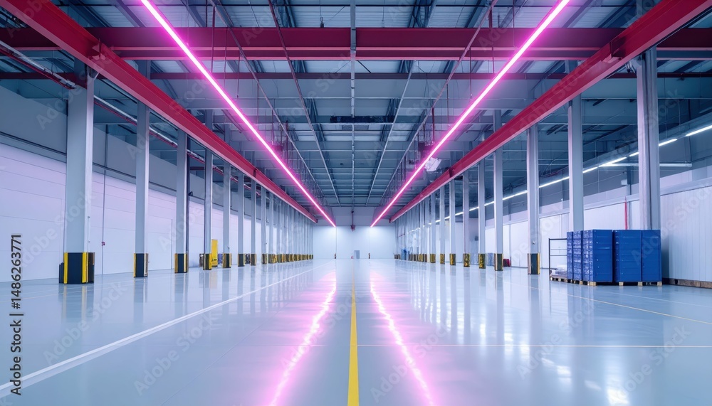 Fototapeta premium Sterile Fulfillment Center Interior with Overhead Cranes and Neon Lighting