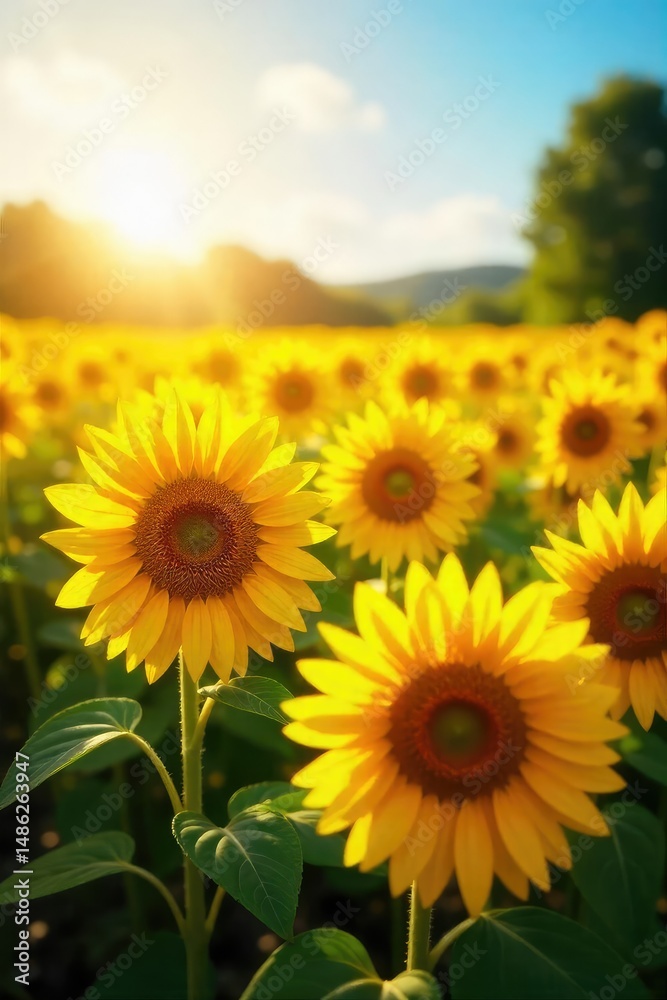 Fototapeta premium A vibrant field of sunflowers basking in the warm glow of summer sunshine, their golden faces turned towards the light Perfect for summer, nature, and happiness themes , color, scenery