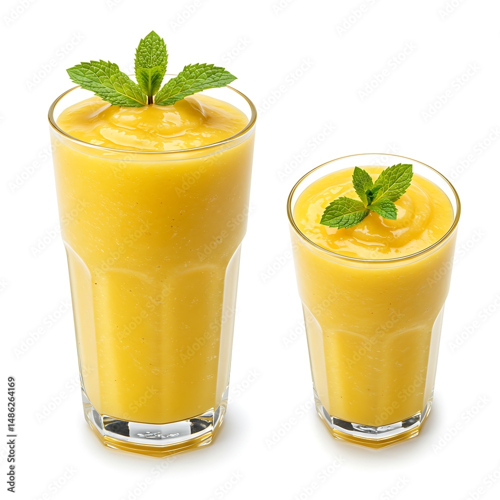 Fototapeta premium bright yellow mango smoothie with mint garnish, side and top views, soft natural shadow, advertising quality , isolated on white background