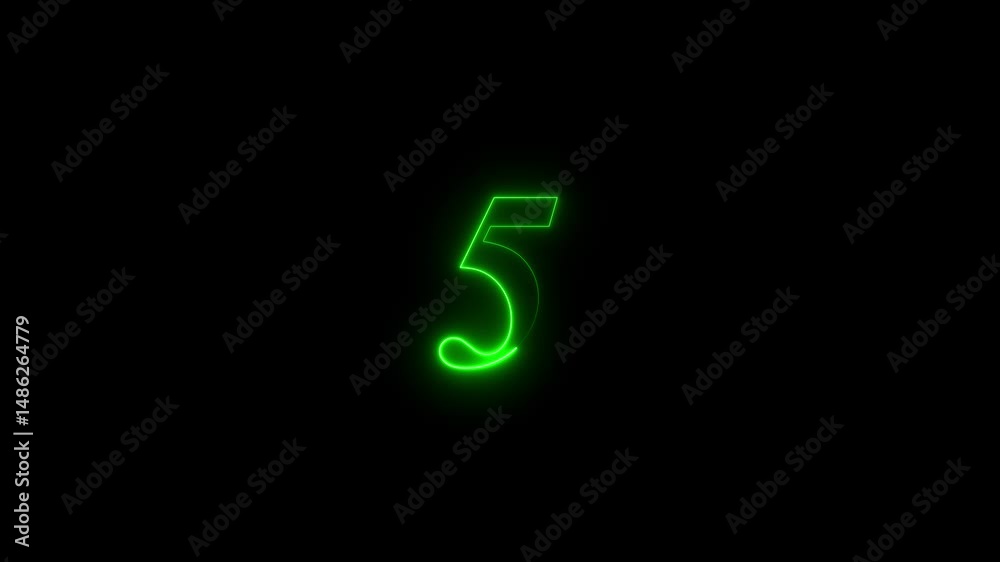 Neon bright glowing countdown timer from 10 to 0 seconds. Countdown from 10 to 0 ,glowing neon numbers with reflection on background.