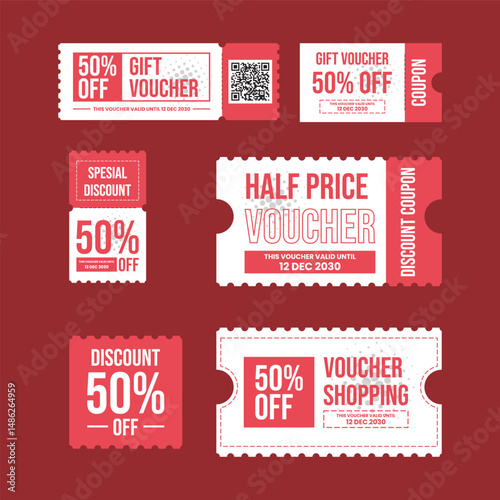 Red Voucher Coupon Collection with 50% Discount, Set of red discount and gift vouchers with 50% off, perfect for promotions.