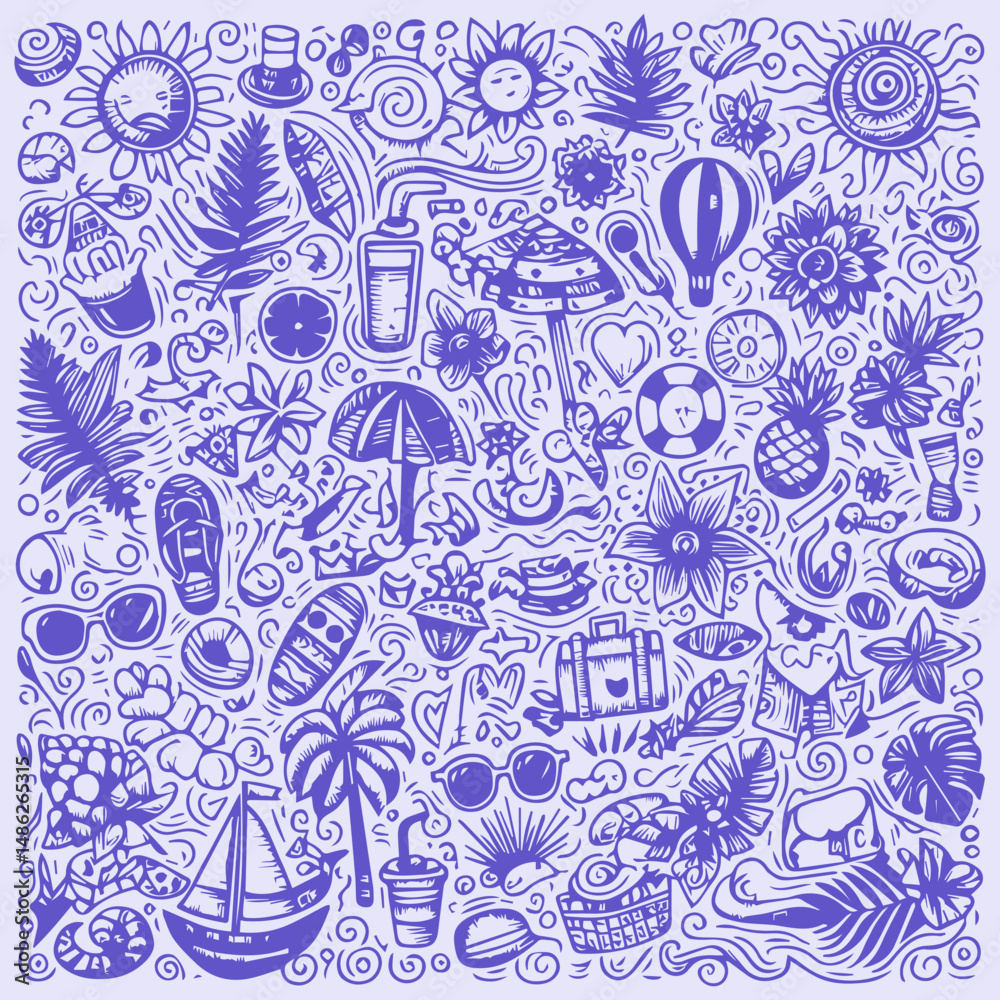 Naklejka premium Playful summer beach pattern with tropical motifs, bright colors, and seamless repeat design 