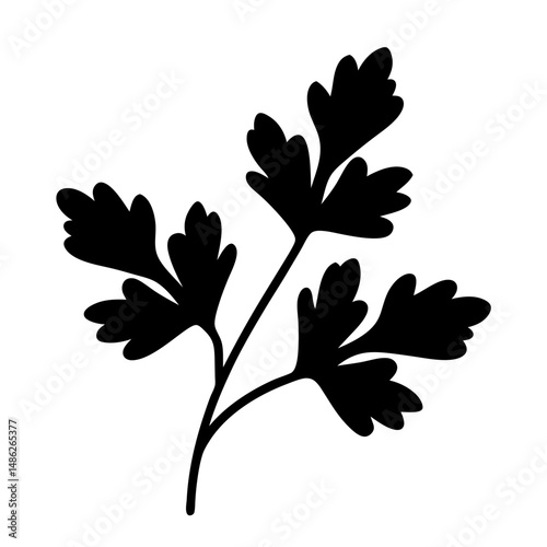Black and white silhouette illustration of fresh parsley herb on a white background