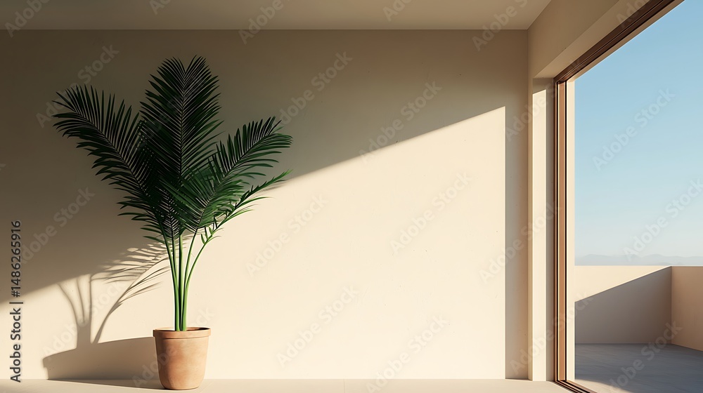 Fototapeta premium Minimalist interior design: potted plant near window with natural light, emphasizing modern home decor and serene atmosphere.