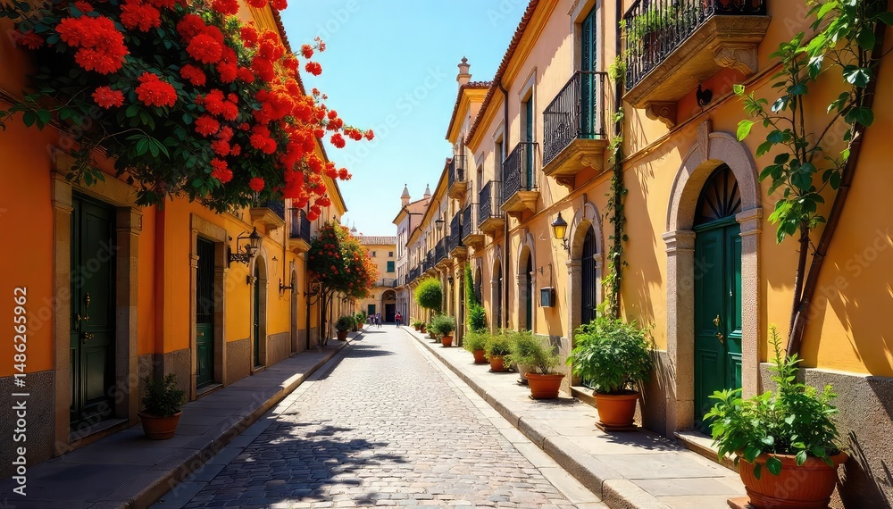 Fototapeta premium Sun-drenched Seville streets, vibrant orange blossoms, intricate tilework on historic buildings A classic Andalusian scene, capturing the essence of southern Spain's beauty , orange, alleyway, facade