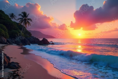 Serene coastal scene at sunset, perfect for relaxation and unwinding Enjoy the tranquil atmosphere and breathtaking view Ideal for travel, vacation, and leisure imagery , coastal scene, clouds, sand