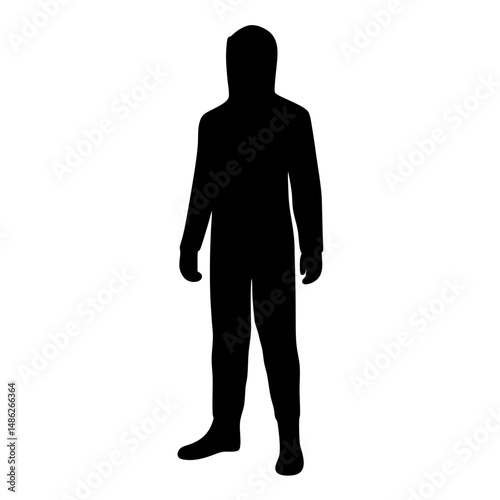 Silhouette of a person wearing protective gear standing straight ahead isolated