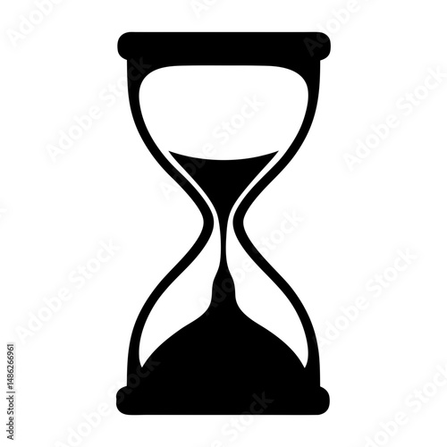 Simple black and white vector graphic of an hourglass with flowing sand