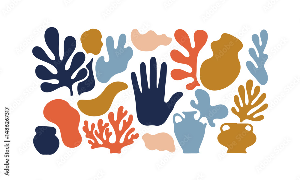 Obraz premium An abstract illustration featuring various figures and organic shapes in shades of blue, orange, and mustard yellow against a white background