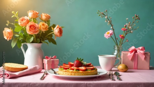 Wallpaper Mural Happy Mother's Day brunch table setting with flowers and gifts , spring, tulips Torontodigital.ca