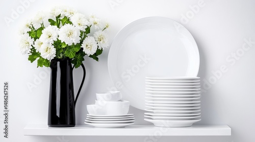 White dishes are stacked on a shelf next to a black vase containing flowers, creating a minimalist aesthetic.