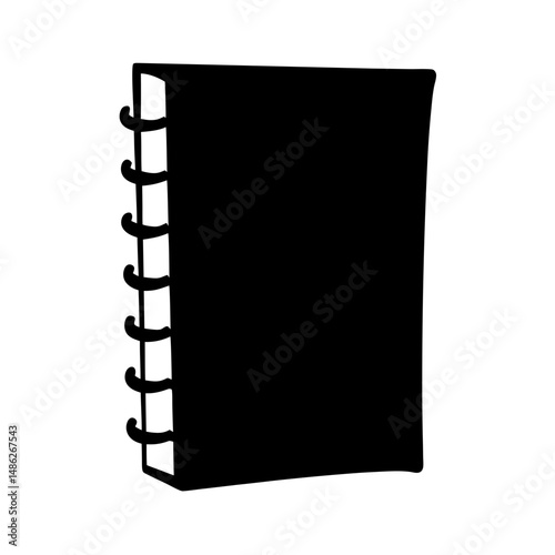 A black and white stylized sketch of a spiral bound notebook