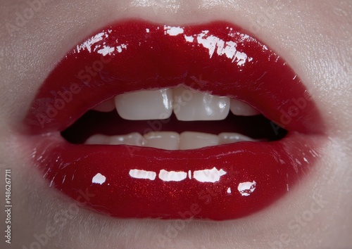 Close-up of glossy red lips with a shiny finish.