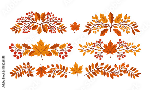 A collection of six vector illustrations featuring decorative borders and individual leaf elements in warm autumn colors, including leaves and berries