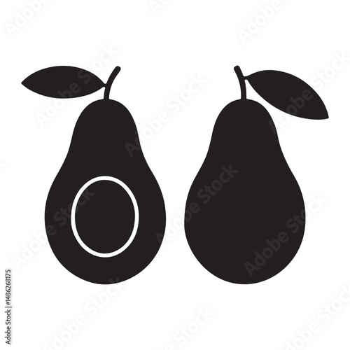 Black avocado icon with cut and whole versions, minimalist vector style symbolizing health, natural food, and freshness