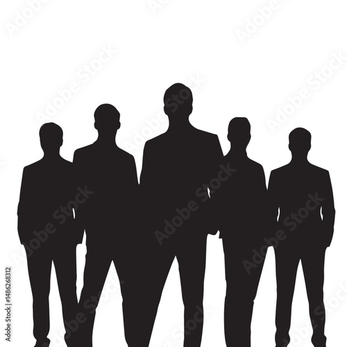 Vector silhouettes of men and women, depicting a group of standing business professionals in various poses, shown in black on a white background
