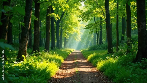 Sun-dappled forest path winding through lush green trees , undergrowth, adventure, winding path