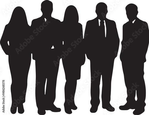 Vector silhouettes of men and women, depicting a group of standing business professionals in various poses, shown in black on a white background
