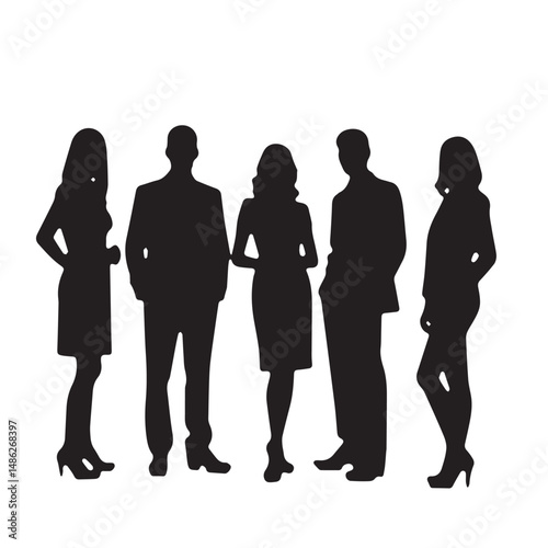 Vector silhouettes of men and women, depicting a group of standing business professionals in various poses, shown in black on a white background
