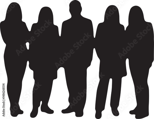 Vector silhouettes of men and women, depicting a group of standing business professionals in various poses, shown in black on a white background
