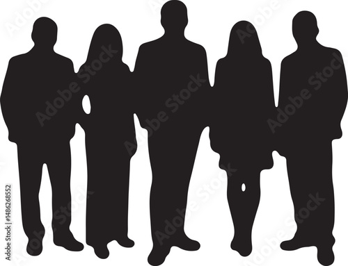 Vector silhouettes of men and women, depicting a group of standing business professionals in various poses, shown in black on a white background
