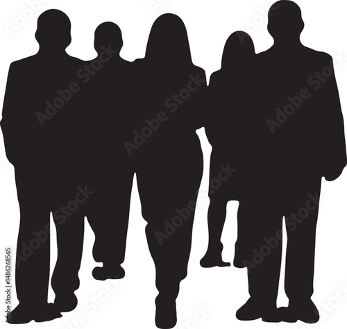 Vector silhouettes of men and women, depicting a group of standing business professionals in various poses, shown in black on a white background
