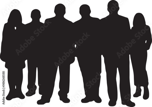 Vector silhouettes of men and women, depicting a group of standing business professionals in various poses, shown in black on a white background
