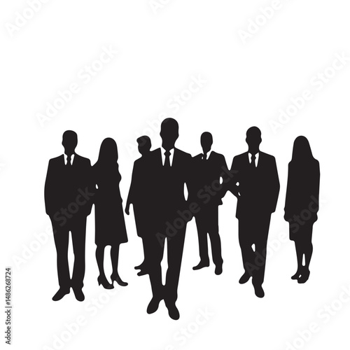 Vector silhouettes of men and women, depicting a group of standing business professionals in various poses, shown in black on a white background
