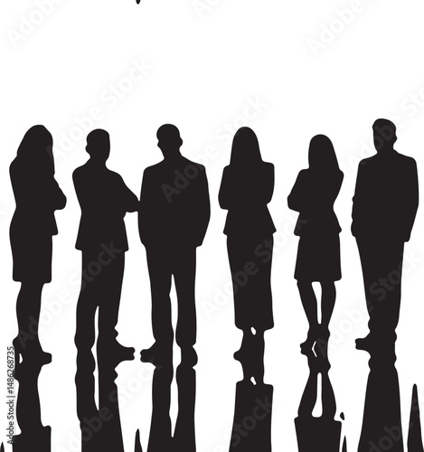 Vector silhouettes of men and women, depicting a group of standing business professionals in various poses, shown in black on a white background
