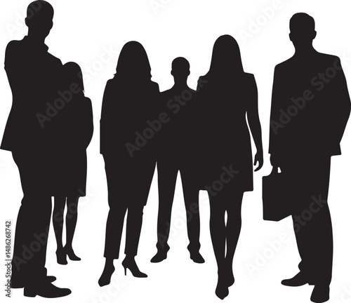 Vector silhouettes of men and women, depicting a group of standing business professionals in various poses, shown in black on a white background
