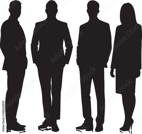 Vector silhouettes of men and women, depicting a group of standing business professionals in various poses, shown in black on a white background
