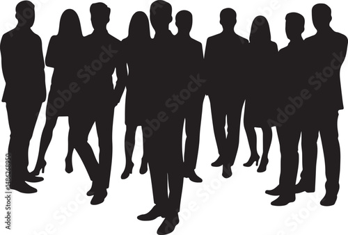 Vector silhouettes of men and women, depicting a group of standing business professionals in various poses, shown in black on a white background

