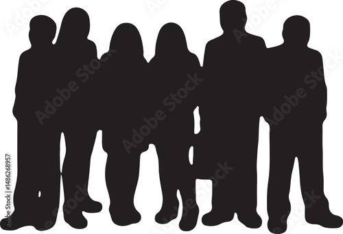 Vector silhouettes of men and women, depicting a group of standing business professionals in various poses, shown in black on a white background
