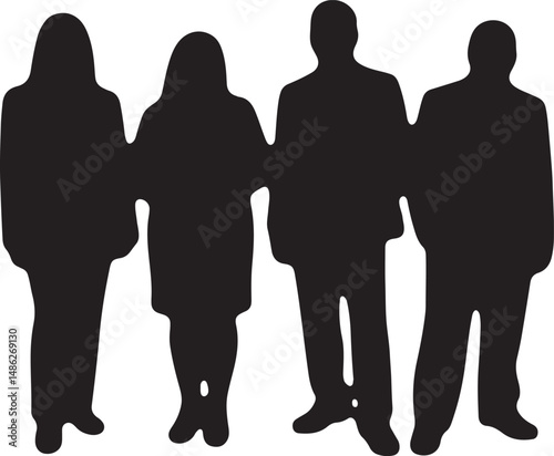 Vector silhouettes of men and women, depicting a group of standing business professionals in various poses, shown in black on a white background
