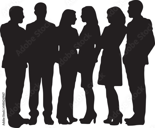 Vector silhouettes of men and women, depicting a group of standing business professionals in various poses, shown in black on a white background
