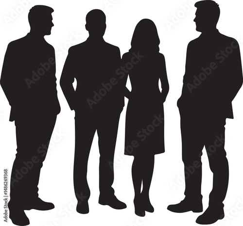 Vector silhouettes of men and women, depicting a group of standing business professionals in various poses, shown in black on a white background
