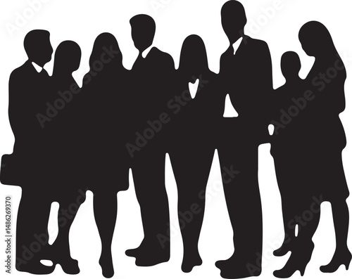 Vector silhouettes of men and women, depicting a group of standing business professionals in various poses, shown in black on a white background
