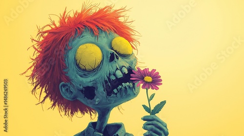Zombie child smelling flower, pastel colors