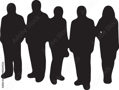 Vector silhouettes of men and women, depicting a group of standing business professionals in various poses, shown in black on a white background
