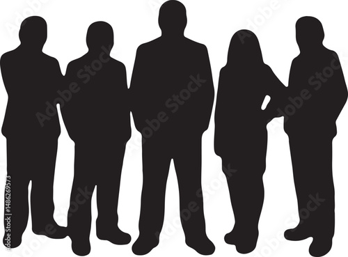 Vector silhouettes of men and women, depicting a group of standing business professionals in various poses, shown in black on a white background
